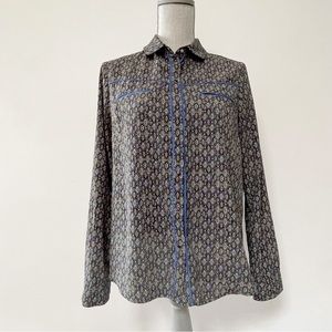 Aritzia Kookai vintage retro pattern button up blouse dark colour blue